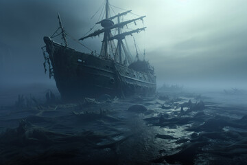Mysterious Pirate Ship Sailing Through Moonlit Waters Beneath Crepuscular Clouds