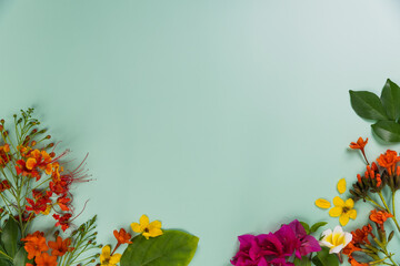 Picture frame of Thai flowers on green background.