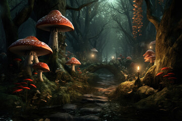 Fototapeta na wymiar Enchanted Forest Path Lined with Luminescent Mushrooms at Night