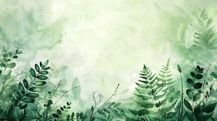 A tranquil botanical illustration with various shades of green, depicting a misty, dreamlike forest scene with ferns and foliage.