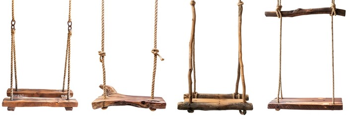 Set of Wooden stump wood rope swing on transparent background cutout, PNG file. Front view Many assorted different Mockup template for artwork design