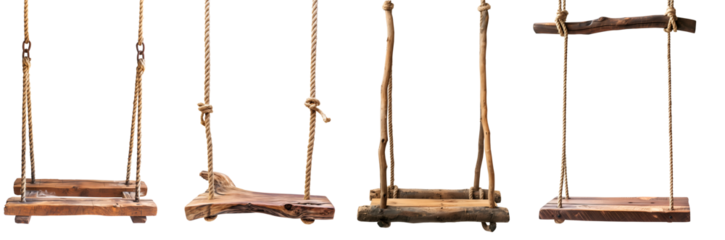 Set of Wooden stump wood rope swing on transparent background cutout, PNG file. Front view Many assorted different Mockup template for artwork design