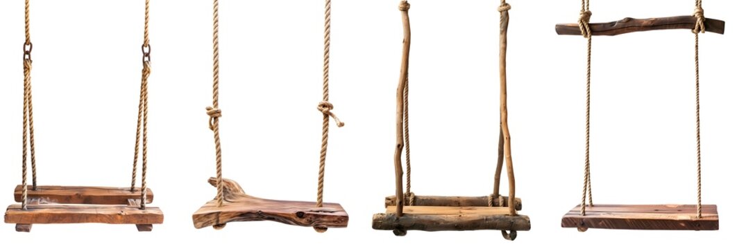 Set of Wooden stump wood rope swing on transparent background cutout, PNG file. Front view Many assorted different Mockup template for artwork design