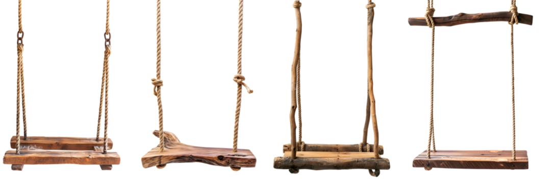 Set of Wooden stump wood rope swing on transparent background cutout, PNG file. Front view Many assorted different Mockup template for artwork design
