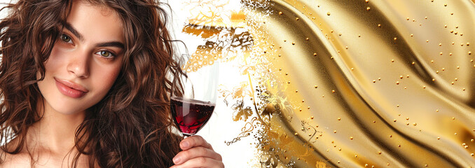 Woman enjoys a glass of wine. Golden background design with beautiful gold splashes and flowers, plants and ferns. Design for wine presentation of your wine list or wine shop.