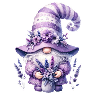 Lavender Gnome with Floral Decorations Illustration.