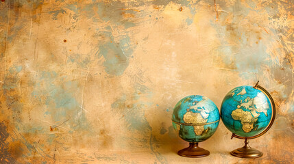 Vintage globes on antique map background - obrazy, fototapety, plakaty