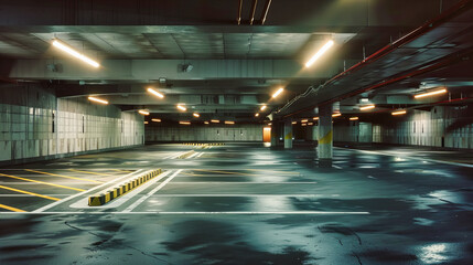 Urban underground parking space with atmospheric lighting, emphasizing the structure and functionality of city transportation and infrastructure