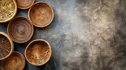 Assorted wicker baskets on textured background - obrazy, fototapety, plakaty
