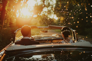 Just Married Couple Driving Away in a Vintage Convertible at Sunset - obrazy, fototapety, plakaty