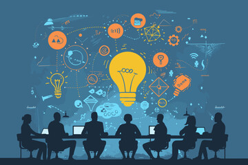 Brainstorming and Innovation Concept - Startup Team Generating Big Ideas, Sharing Know-How. Light Bulbs, Gears, Rocket Ship Symbols. Creative Business Vector for Web Banner, Social Media, Presentation - obrazy, fototapety, plakaty