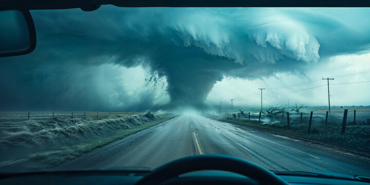 Storm chasing driving towards tornado, driver's view from car through windshield, wide