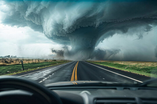 Massive tornado in the road, driver's view from car through windshield, natural disaster