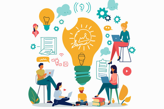 Brainstorming and Innovation Concept - Startup Team Generating Big Ideas, Sharing Know-How. Light Bulbs, Gears, Rocket Ship Symbols. Creative Business Vector for Web Banner, Social Media, Presentation