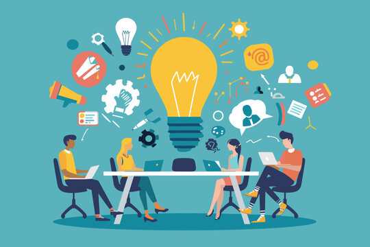 Brainstorming and Innovation Concept - Startup Team Generating Big Ideas, Sharing Know-How. Light Bulbs, Gears, Rocket Ship Symbols. Creative Business Vector for Web Banner, Social Media, Presentation