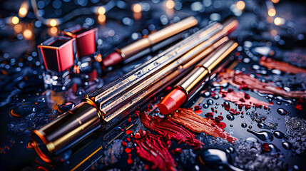 Vibrant collection of makeup products, emphasizing the wide range of colors and textures in modern beauty essentials - obrazy, fototapety, plakaty