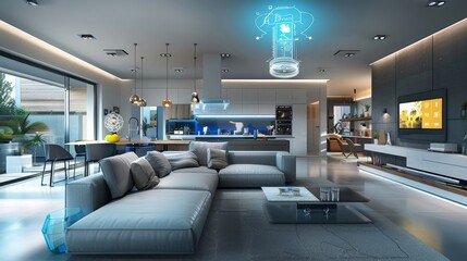 interior of a fully integrated AI-powered smart home, where every appliance and system is seamlessly connected, responding to the inhabitants' needs through intuitive interfaces - obrazy, fototapety, plakaty