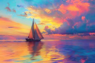 Vibrant Sunset Sailing on Calm Ocean with Picturesque Clouds