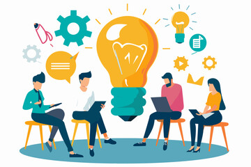 Brainstorming and Innovation in Business: Creative Team Generating Ideas for Startup Success, Illustration for Web Banner, Social Media, and Marketing Presentations
