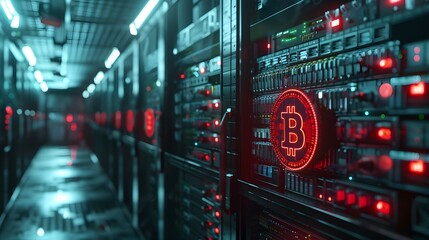 Cryptocurrency mining operations, an illuminated Bitcoin logo is depicted inside a server farm.