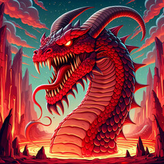 Deep within the volcano, a colossal red serpent slumbers, its fiery scales pulsating with raw energy. - obrazy, fototapety, plakaty