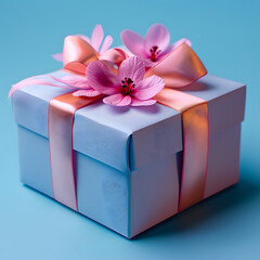 Gift packed in a beautiful box with pink ribbon and flowers on a bright background