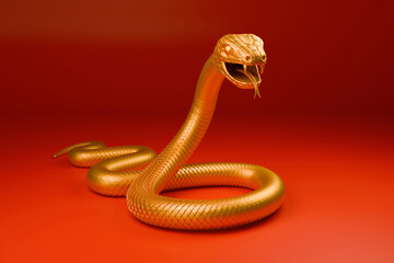 Snake is a symbol of the 2025 Chinese New Year. 3d render illustration of Golden Snake on a red background. Zodiac Sign Snake, asian oriental concept for lunar year - 765699793