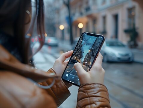 A person takes a photo of a city street at dusk using a modern smartphone, focusing on the screen display.