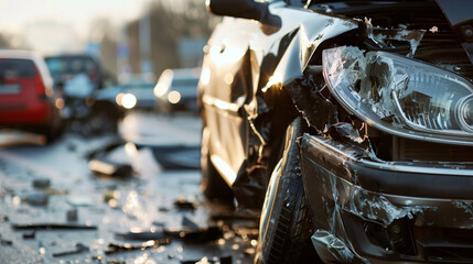Severe Car Accident Damage at Dusk. Twilight image capturing the aftermath of a severe car accident with significant damage to the vehicle. - obrazy, fototapety, plakaty