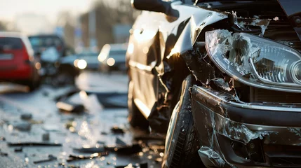 Gordijnen Severe Car Accident Damage at Dusk. Twilight image capturing the aftermath of a severe car accident with significant damage to the vehicle. © Ai2Swift