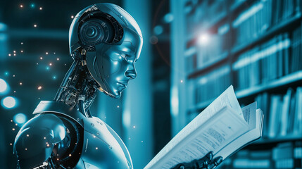 AI Robot Engaged in Reading and Learning. Artificial Intelligence robot immersed in reading a book, showcasing machine learning technology concept in a library setting. - obrazy, fototapety, plakaty