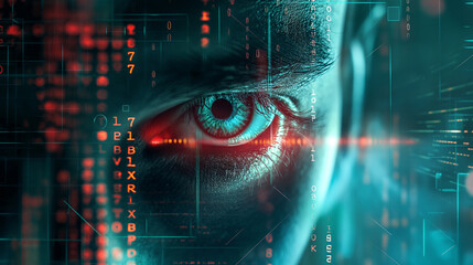 A man's eye is shown in a computer screen with a lot of numbers and letters. The eye is surrounded by a red and blue glow, giving it a futuristic and mysterious appearance
