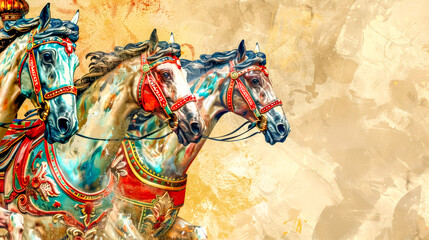 Vivid carousel horses on textured background