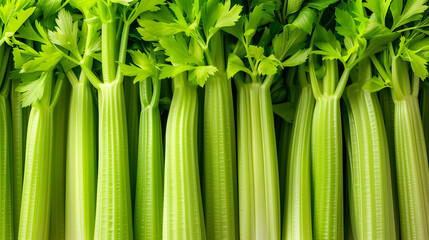 Obraz premium Crisp Green Celery Stalks with Fibrous Texture and Fresh Leaves in a Close-Up Vegetable Display