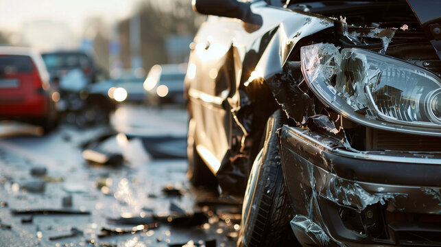 Severe Car Accident Damage at Dusk. Twilight image capturing the aftermath of a severe car accident with significant damage to the vehicle.