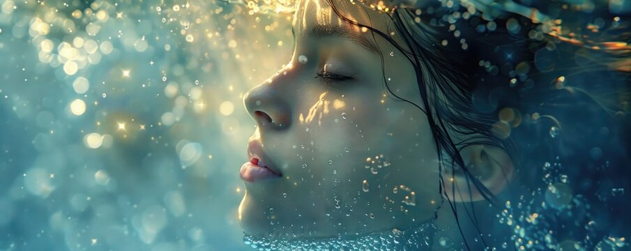 Undine's serene gaze beneath the water, surrounded by a dance of light