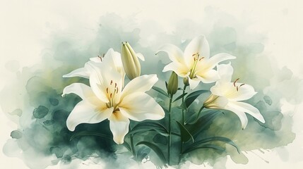 Fototapeta na wymiar A bunch of lilies painted in soft watercolor style with gentle colors.