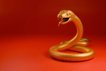 Snake is a symbol of the 2025 Chinese New Year. 3d render illustration of Golden Snake on a red background. Zodiac Sign Snake, asian oriental concept for lunar year - 765700185