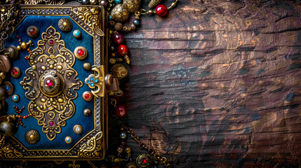 Vintage treasure chest on wooden background