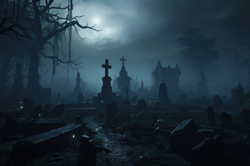 Misty Graveyard with Creepy Atmosphere Under Full Moon - obrazy, fototapety, plakaty