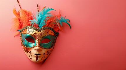 Intricate Gold-Detailed Carnival Mask with Vibrant Feathers on a Pink Solid Background - obrazy, fototapety, plakaty