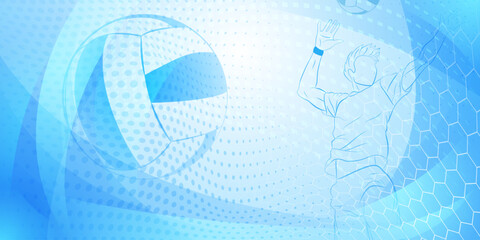 Volleyball themed background in blue tones with abstract meshes, curves and dotted lines, with a male volleyball player hitting the ball