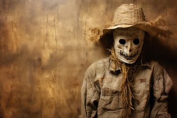 Sinister Scarecrow Portrait with a Creepy Smile in Rustic Setting - obrazy, fototapety, plakaty