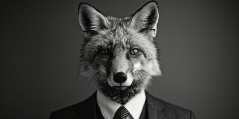 Fototapeta premium Sophisticated fox in a stylish suit and tie posing in black and white on dark background
