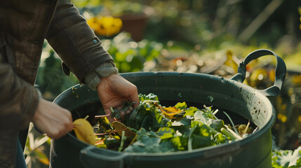 woman hand  actively composting food waste into an outdoor compost bin, demonstrating sustainable practices for reducing kitchen waste