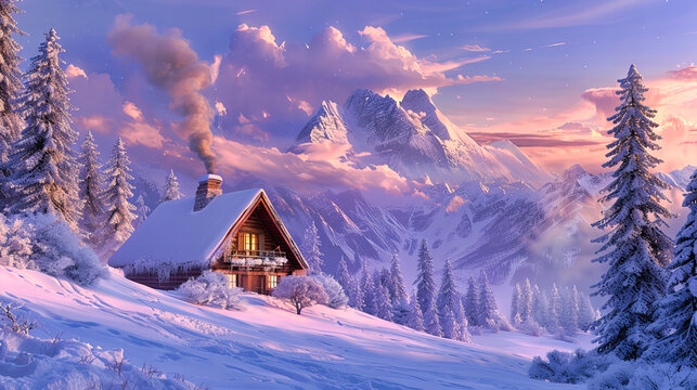 Winter landscape with a snow-covered mountain and alpine house, capturing the serene beauty of nature and the appeal of vacationing in snowy resorts