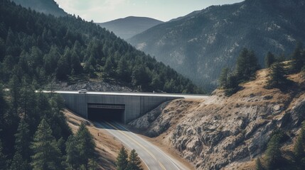 A bird's eye view of a car tunnel in the mountains. Beautiful wallpapers for tourism and...
