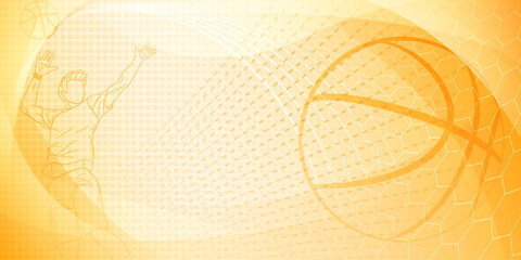 Basketball themed background in yellow tones with abstract lines, meshes and dots, with a male basketball player and ball