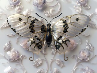 Butterfly of the Baroque: Gold-Accented Wings on an Intricate White Canvas