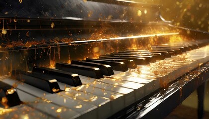 Black Piano Notes Dripping in Golden tones with drops of water and fire on the surface ai generated